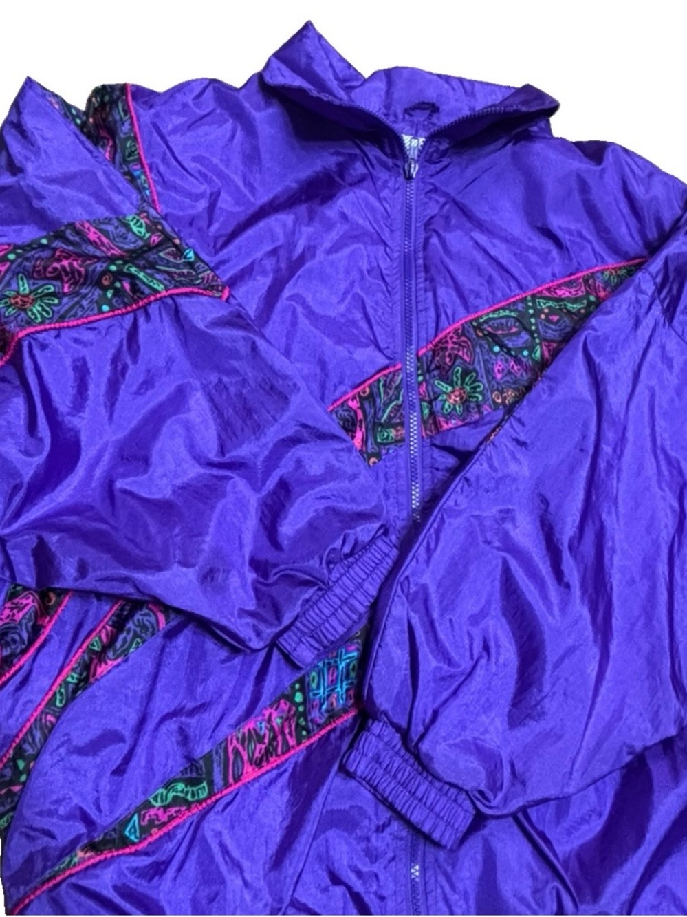 Vibrant Purple Women’s Retro Bomber Jacket with Patterned Panels - Picture 14 of 15